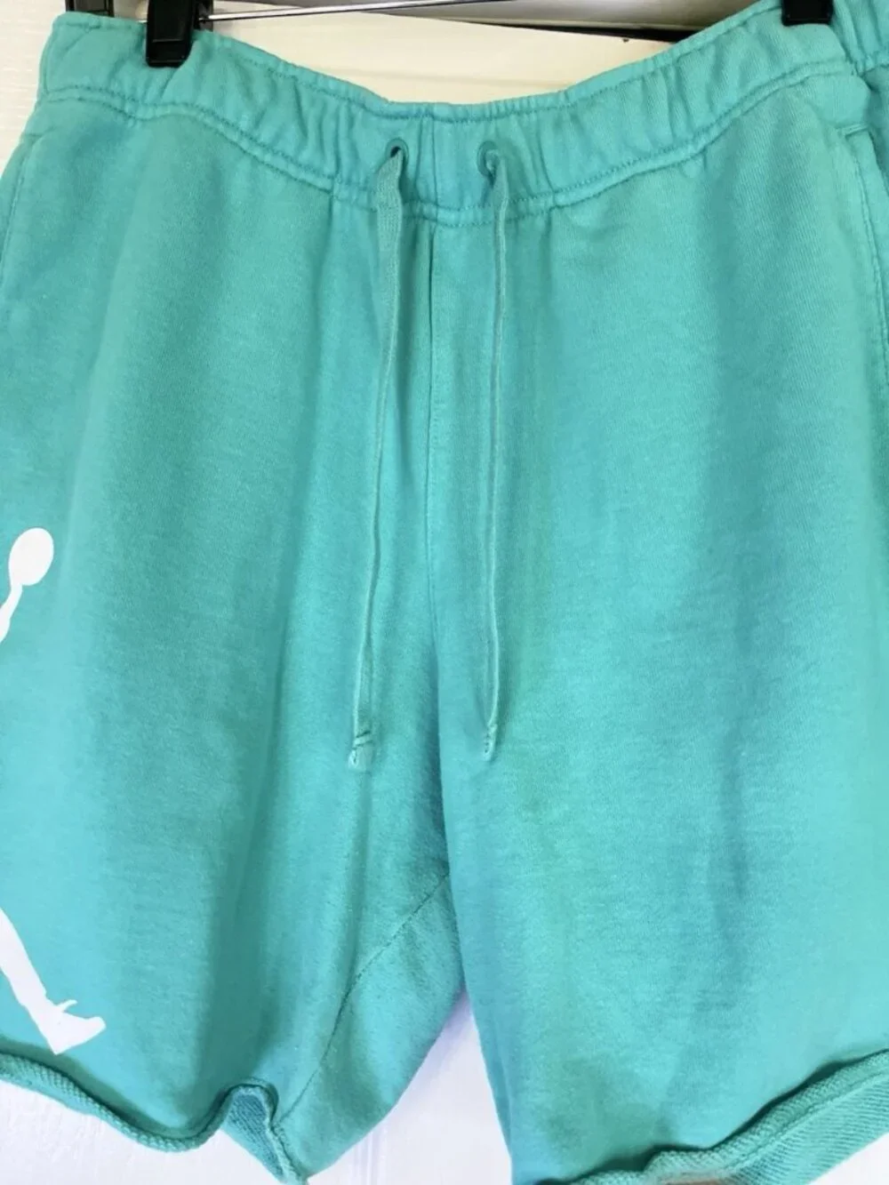 Mens Fleece Shorts Jordan Essentials Sz M Washed Teal Jumpman Logo Raw Hem Terry